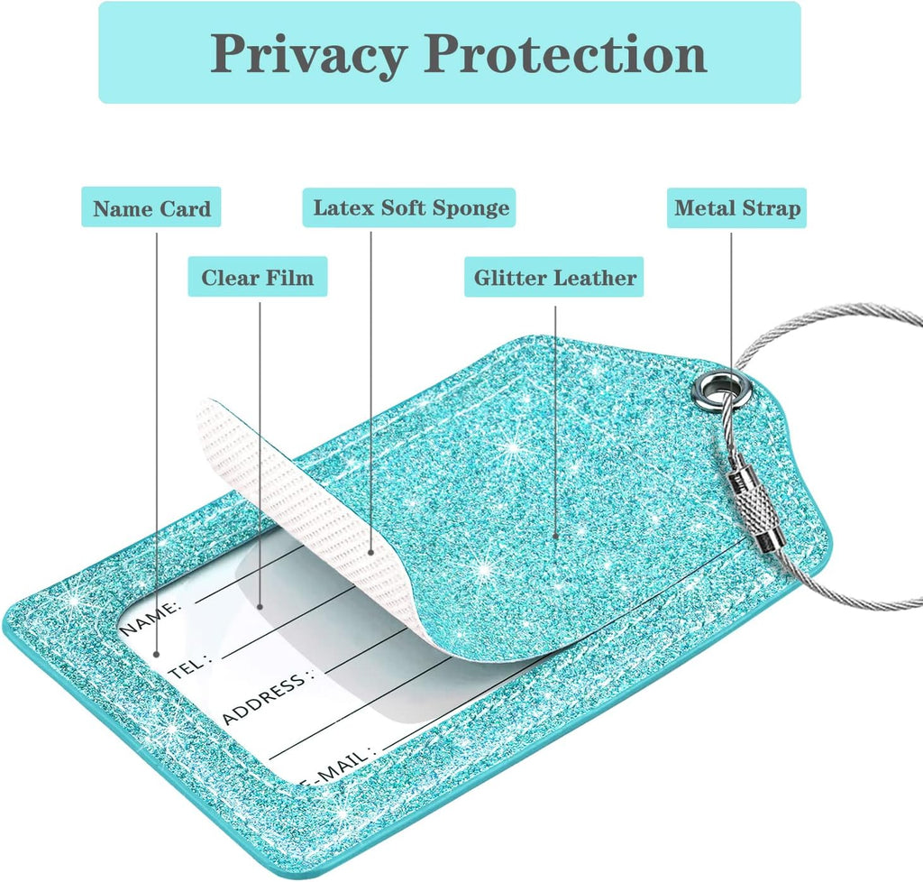 (2 Pack) Luggage Tags Glitter Leather Suitcase Tags Bag Bling Travel Tag