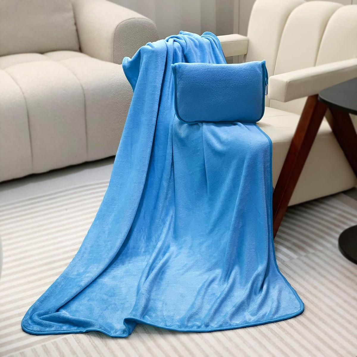 ShezPretty Premium 2in1 Soft Travel Blanket Pillow with Airline Hand Luggage Sleeve and Backpack Clip Airplane (Blue)