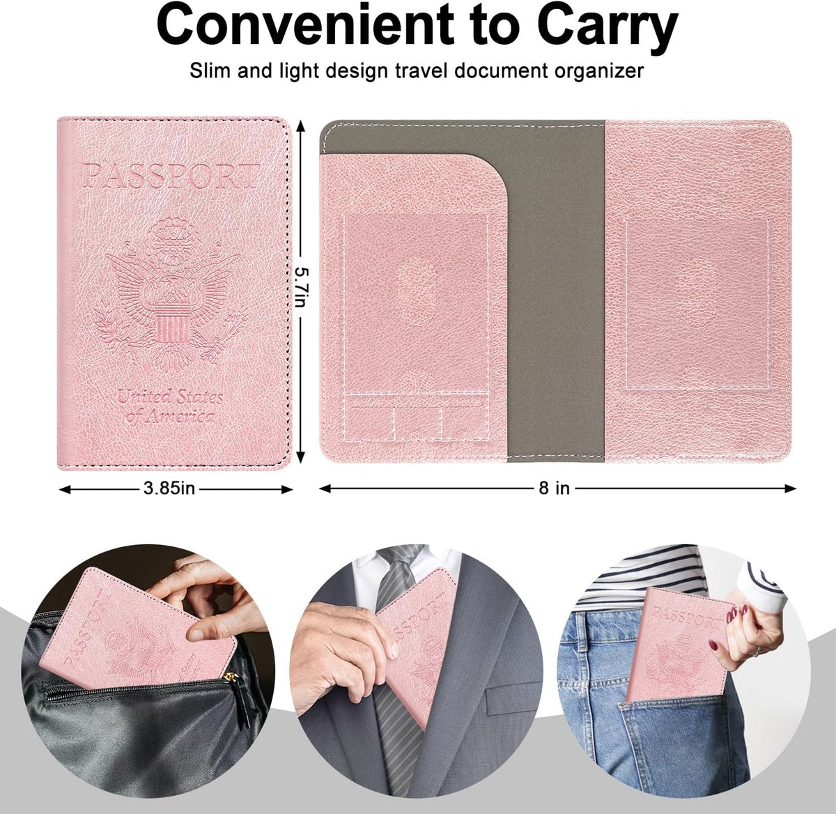 RSAquar Passport Holder for Women and Men, Premium PU Leather RFID Blocking Travel Passport Wallet Cover Documents Organizer, Rose Gold