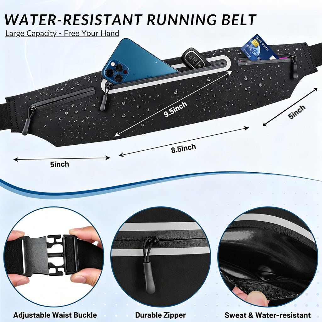 Running Belt for Men Women, Ultra-thin Run Belt with Pockets Secure Adjustable Fanny Pack Marathon Jogging Runners Belt for Phone, Keys & Essentials - Fits 6.9'' Phones (Black, X-Large)
