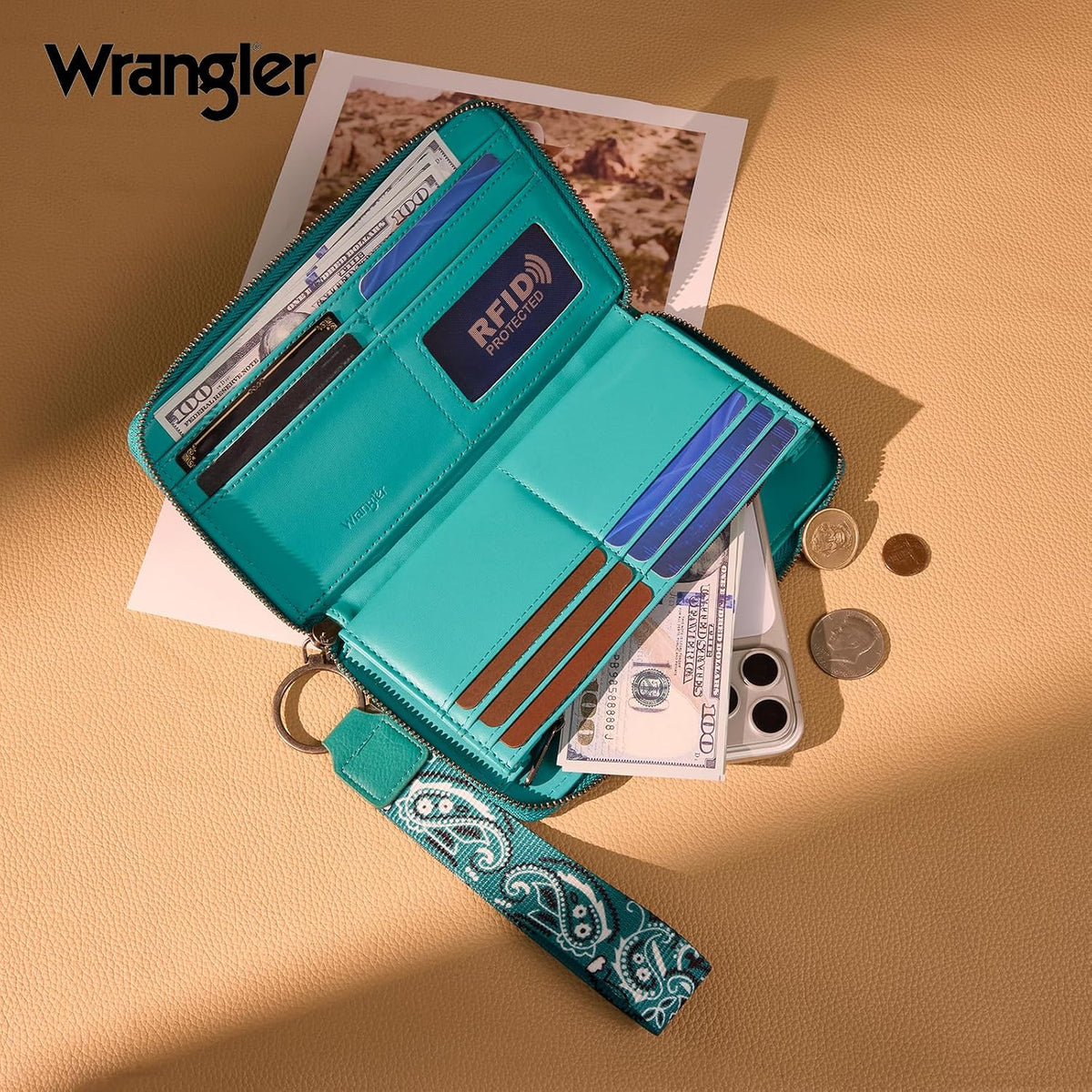 Montana West Wrangler Western Paisley Wristlet Wallet for Women, PU Leather Zip Around Clutch with RFID Blocking & Coin Pocket