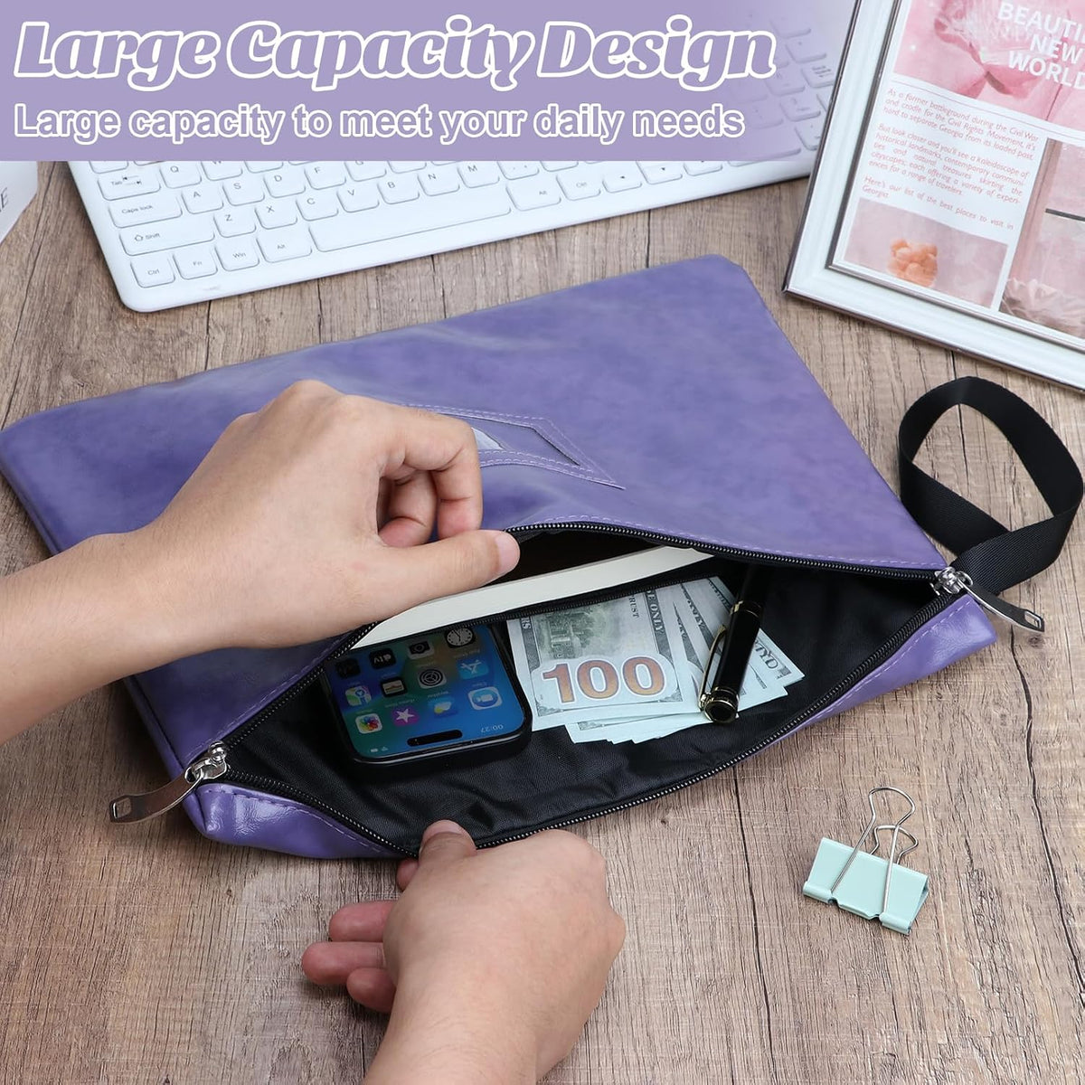 2 Pack Purple Notary Bag With Lock 13.2 * 10 Inch Waterproof Notary Supplies Bag For Women Pu Leather Document Organizer Zipper File Pouch Money Bank Deposit Bags For Passport Cash Stamp Travel