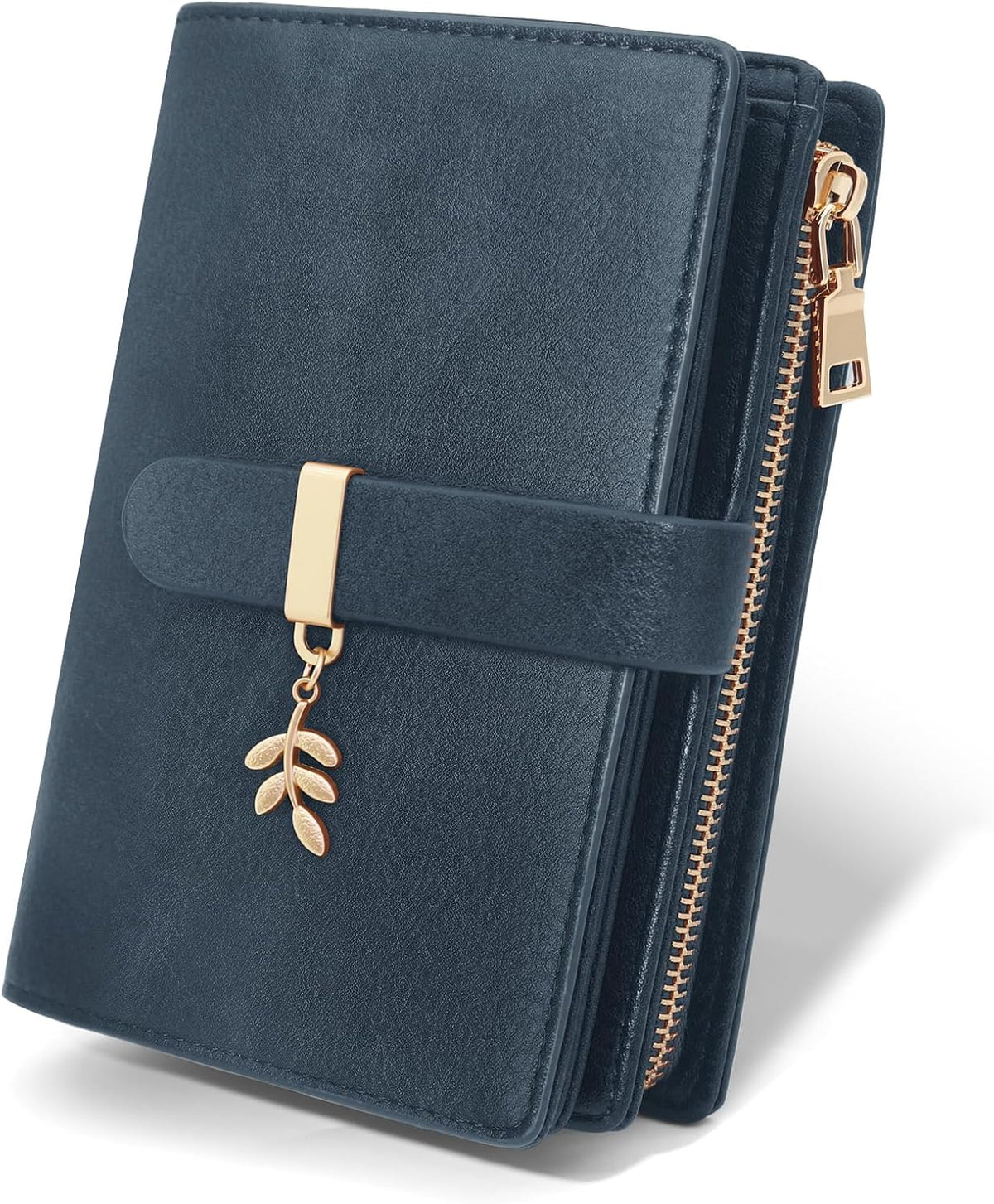 Womens RFID Blocking Trifold Wallet PU Leather Card Holder Dark Blue