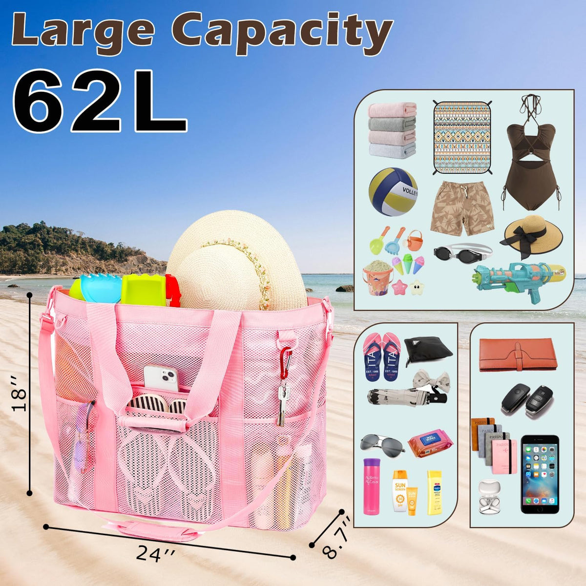 Fammart Large Mesh Beach Bag for Women, Oversized Beach tote Swim Pool Bag