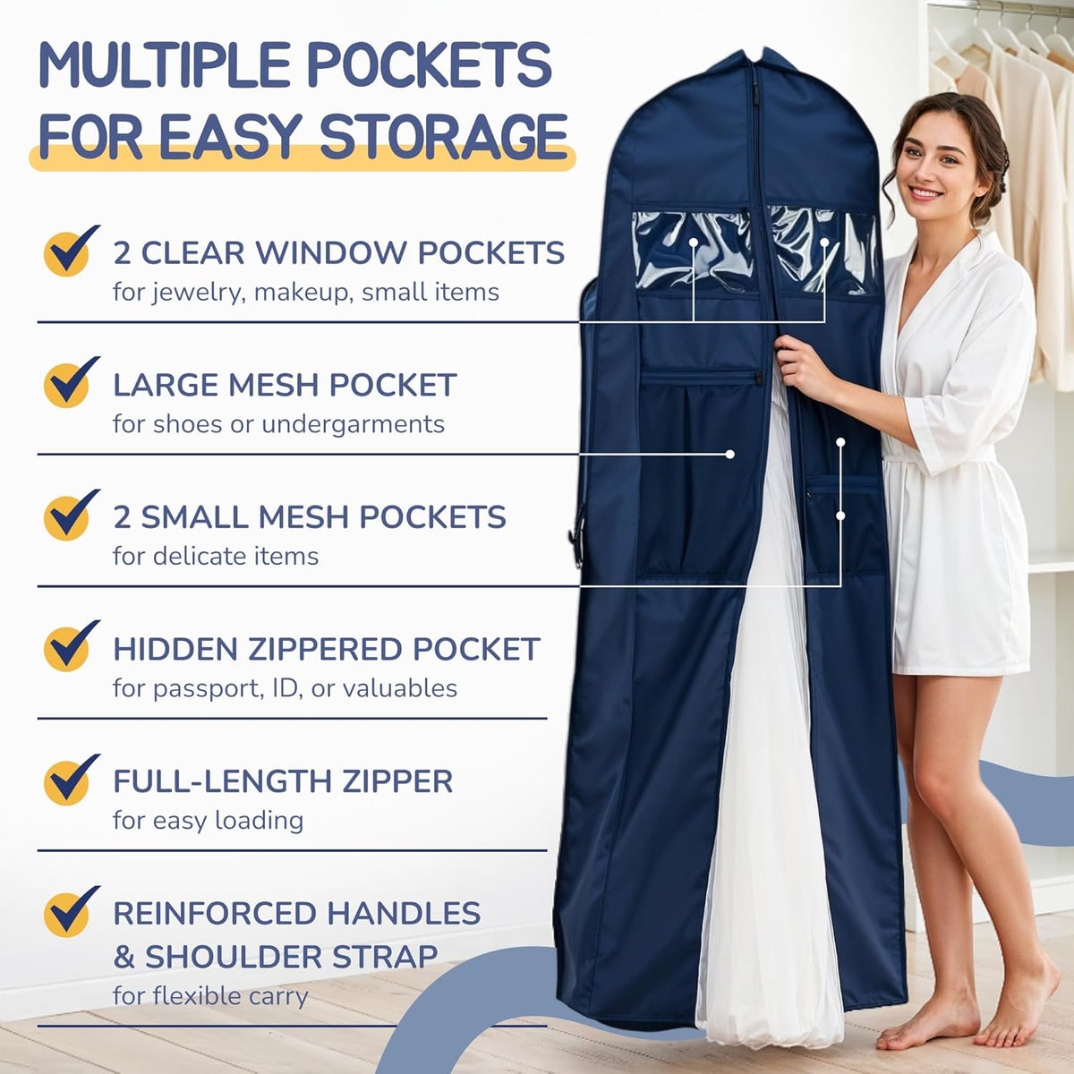 Wedding Dress Garment Bag 72" – Waterproof Trifold Travel Garment Bag for Bridal Gown with Shoulder Strap, Suitcase Sleeve & Accessory Pockets – Fits Full Skirts, Oxford Fabric, Carry Handle (Navy)