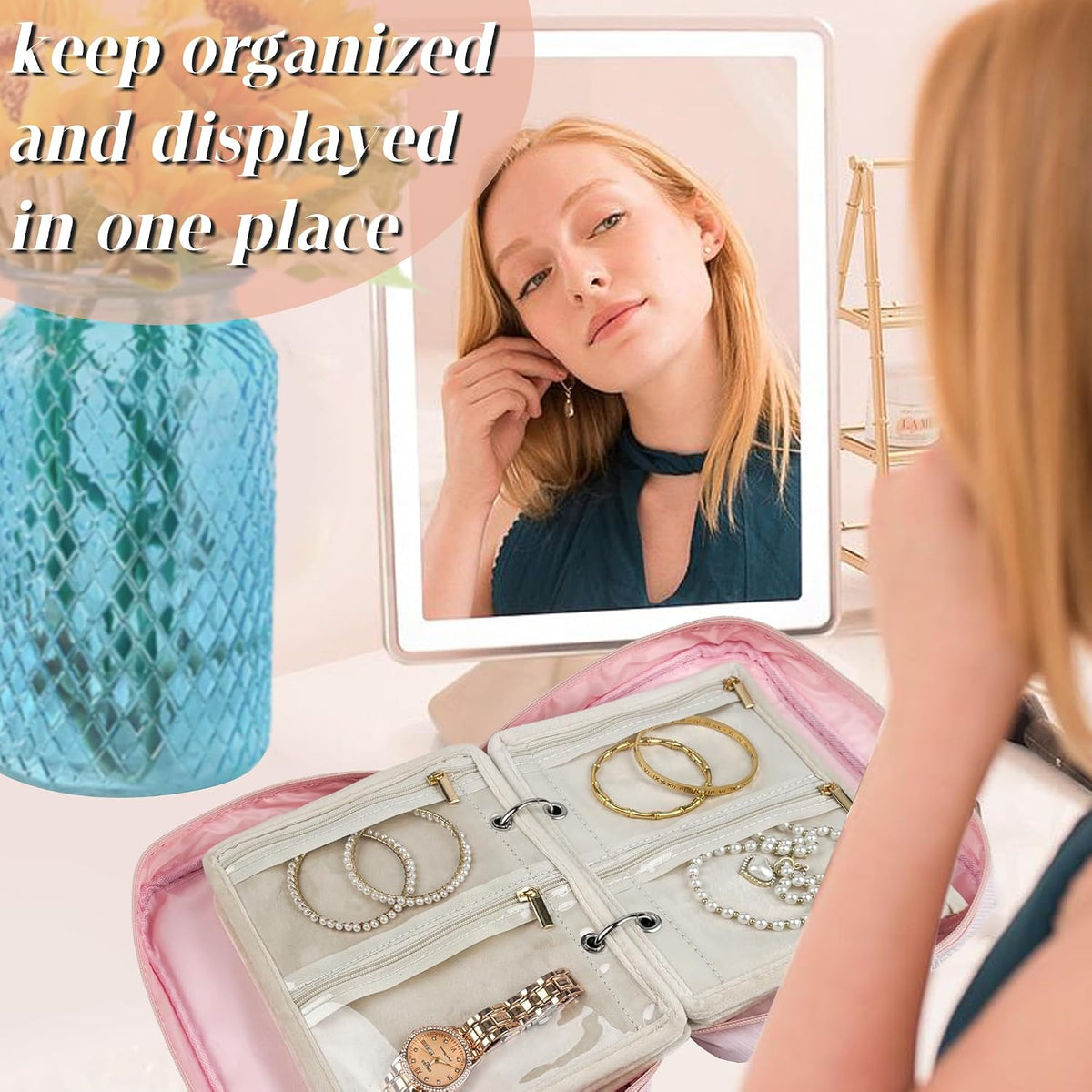 Travel Jewelry Organizer Case,Small Jewelry Bags for Traveling, Jewelry Binder with 24 Pcs Clear Zipper Velvet Pouches (Pink)