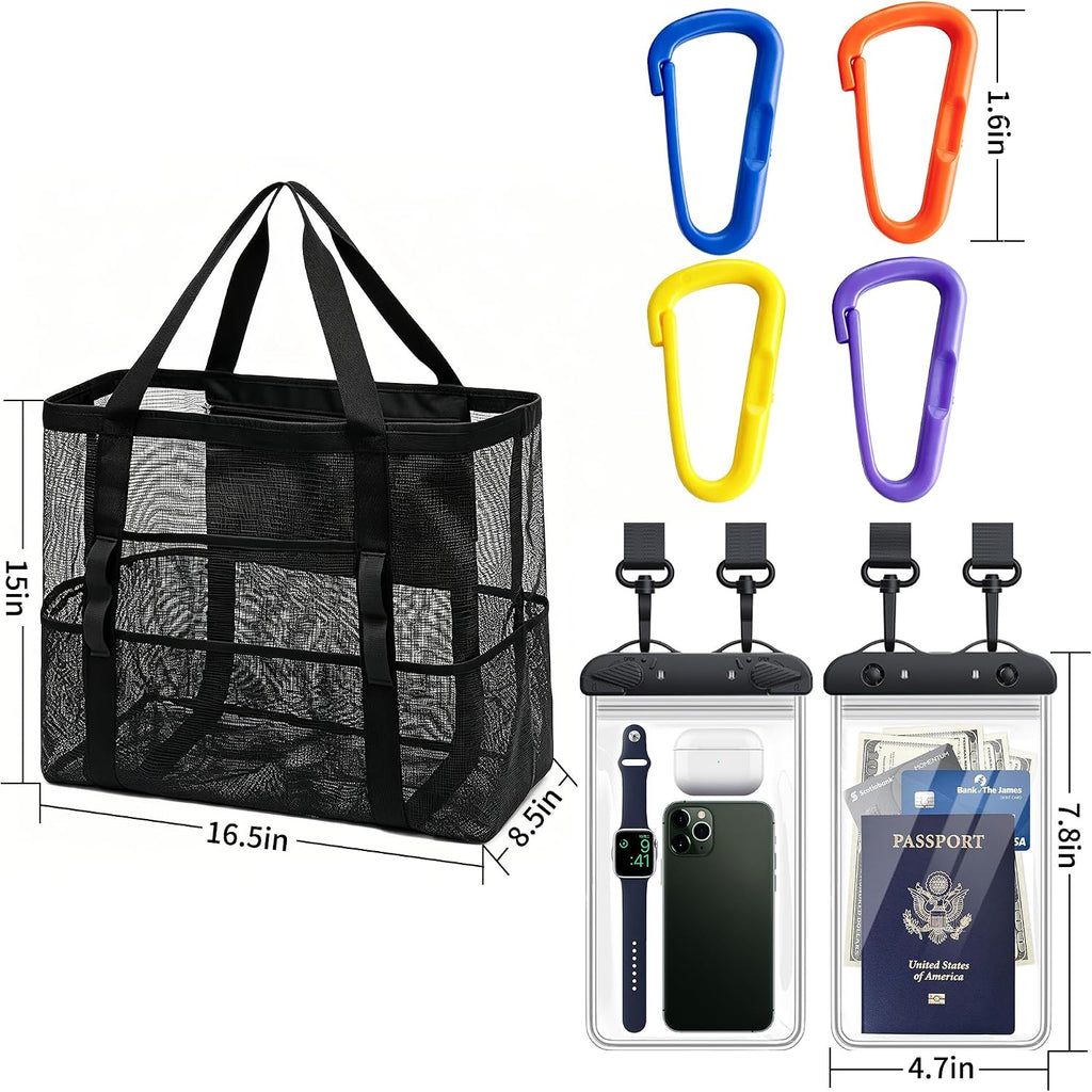 Amamlety Mesh Beach Bag with 2 Pack Large Waterproof Phone Pouch Set, foldable Tote Bag with Multiple Pockets,Universal Dry Bag,Pool Toys Cruise Travel Vacation Essentials for Family Summer 4 Keychain