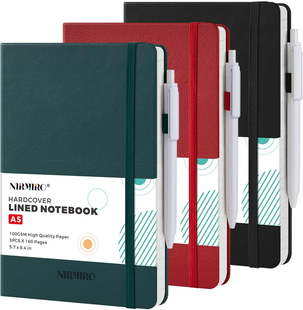 Hardcover Journal Notebook, A5 (5.7"x8.4"), 3 Pack 160 Pages Lined Journaling Notebooks with Pen, for Women, Men, Work, Writing, Travel, 100GSM Ruled Paper, School Office Supplies, Black, Red, Green