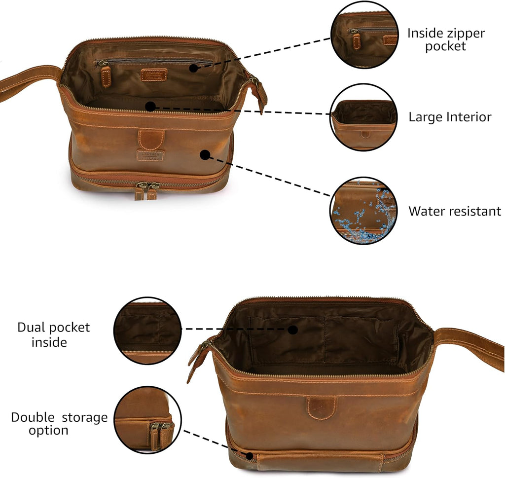 LEATHER VILLAGE Leather Toiletry Bag for Men, Travel Dopp Kit Shaving Bag
