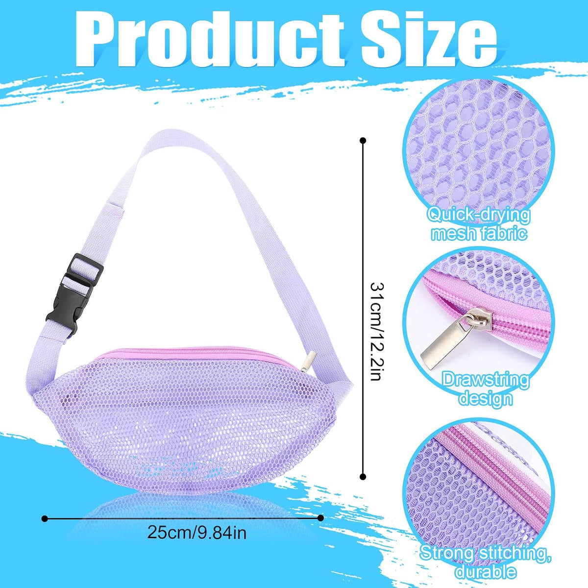 Kinlop 8 Pcs Beach Mesh Fanny Pack with Adjustable Straps