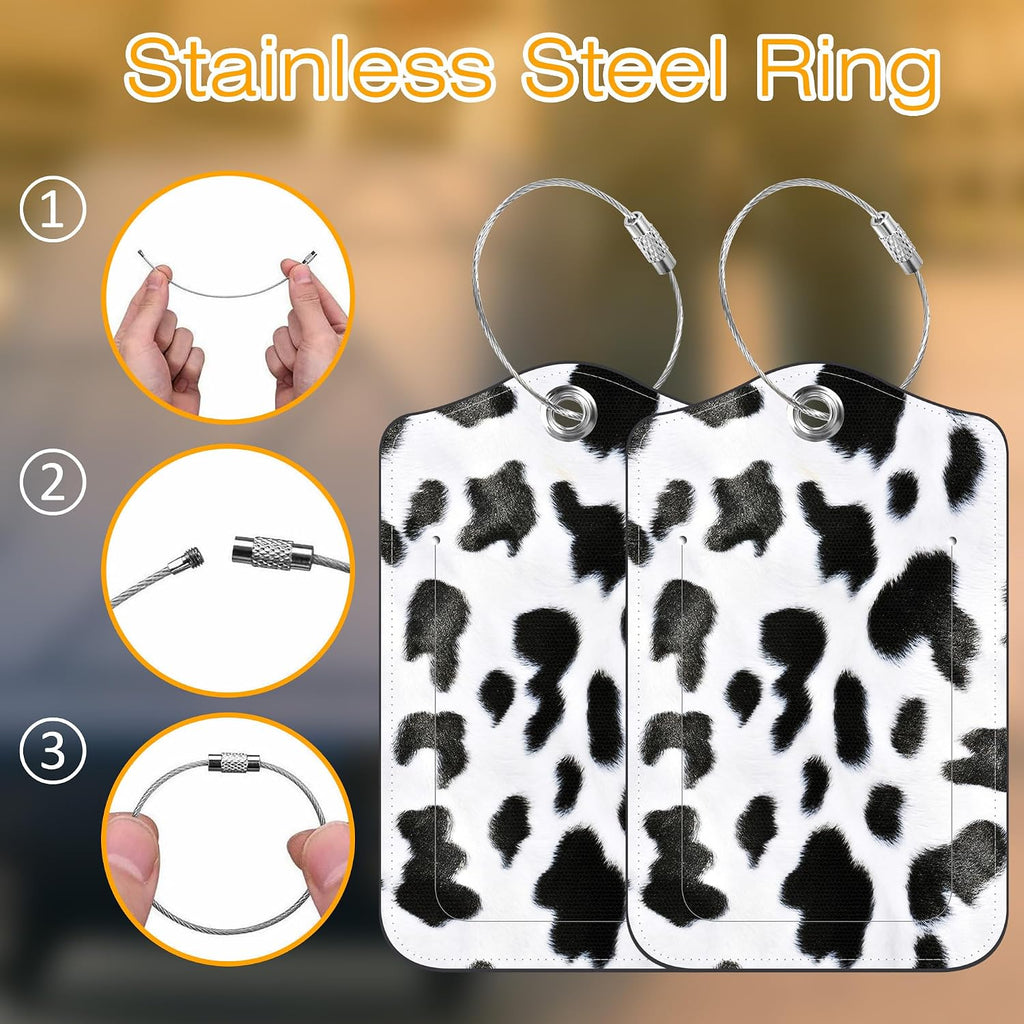 2 Pack PU Luggage Tags for Suitcase, Cow Texture Suitcase Tag Leather Privacy Cover ID Label with Stainless Steel Loop for Baggage Handbag School Bag Backpack