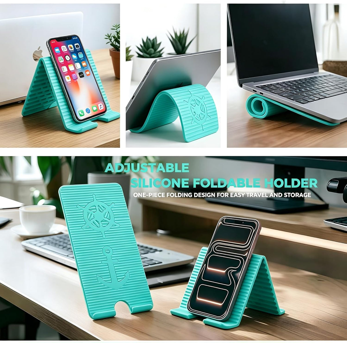 Flexible Silicone Aluminum Phone Holder Tablet Stand with Charging Port Design, Foldable Airplane Laptop/Phone Stand for Home Office Travel (Tiffany)