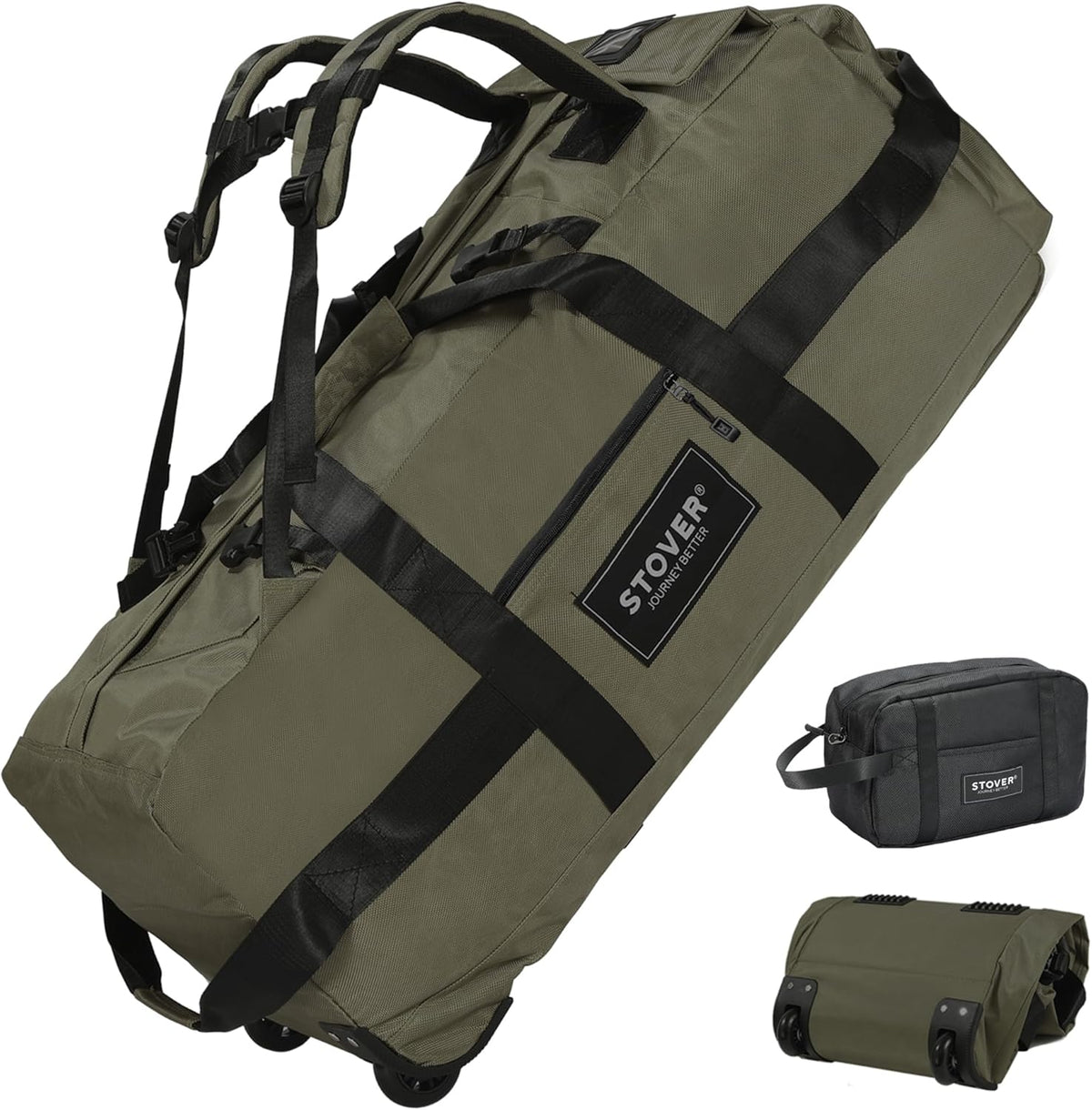STOVER 45/80/100/120L Rolling Duffel Bag with Wheels, Large Durable Travel Duffle + Toiletry Bag, Heavy Duty, Packable with Shoulder Straps- Use as Luggage or Backpack, Men/Women (Green)