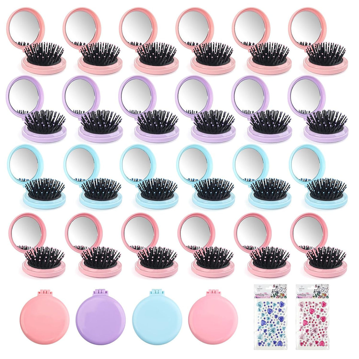 4 Colors Folding Mirror Hairbrush, 2 in 1 Compact Pocket Mirror Comb with DIY Stickers, Round Mini Pocket Makeup Mirror for Travel Women Girls (20 Pcs)