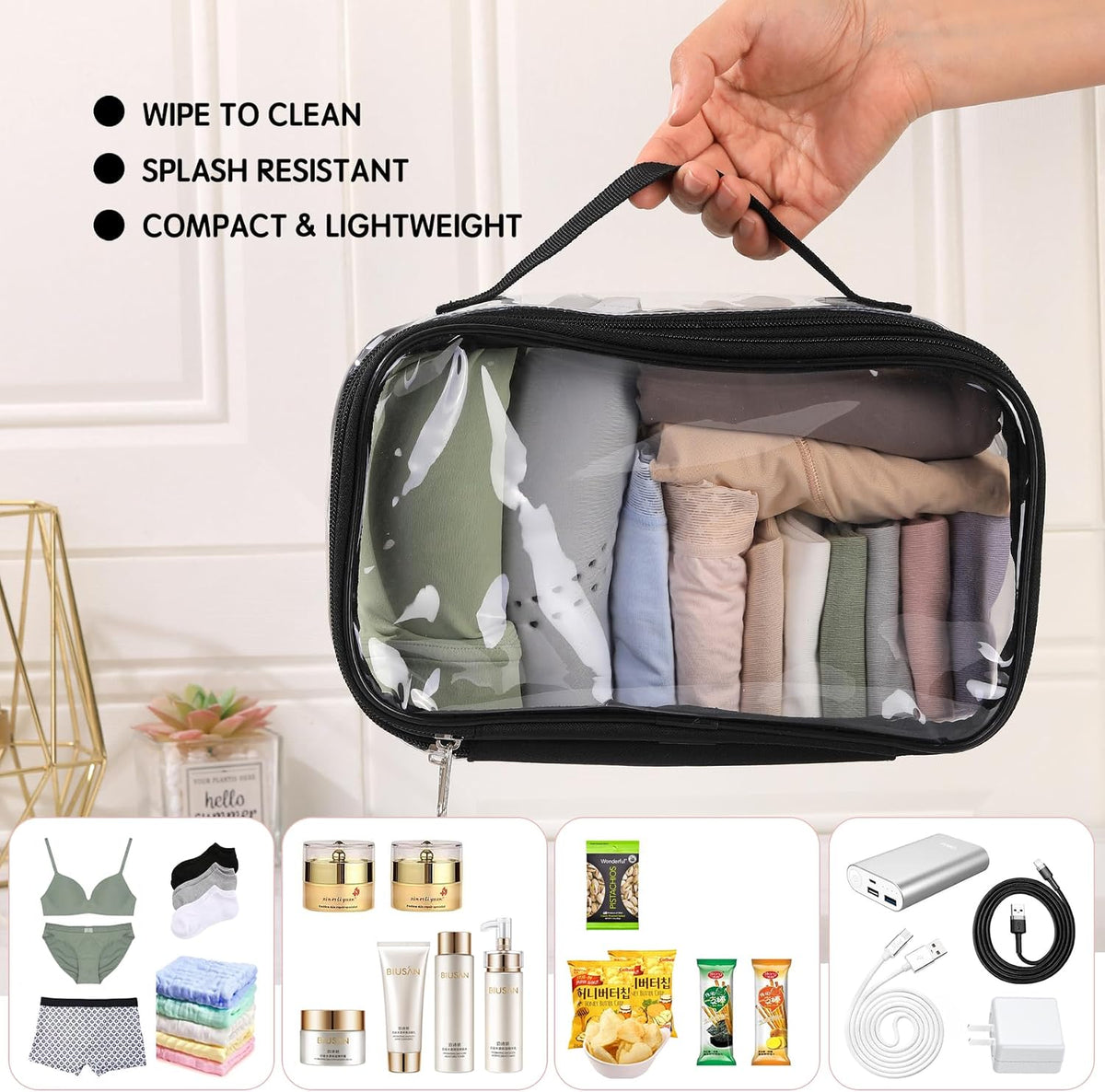 BORMELUN Large Clear travel bags for toiletries pouches carry on reusable,purse see-through plastic pvc TSA airport approved with handle (Black)