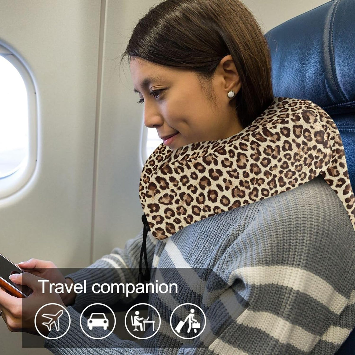 ALAZA Memory Foam Travel Pillow with Snap Clip Animal Leopard Print Geometric Brown Neck Pillow for Airplane Travel Kit, Soft Comfortable and Washable