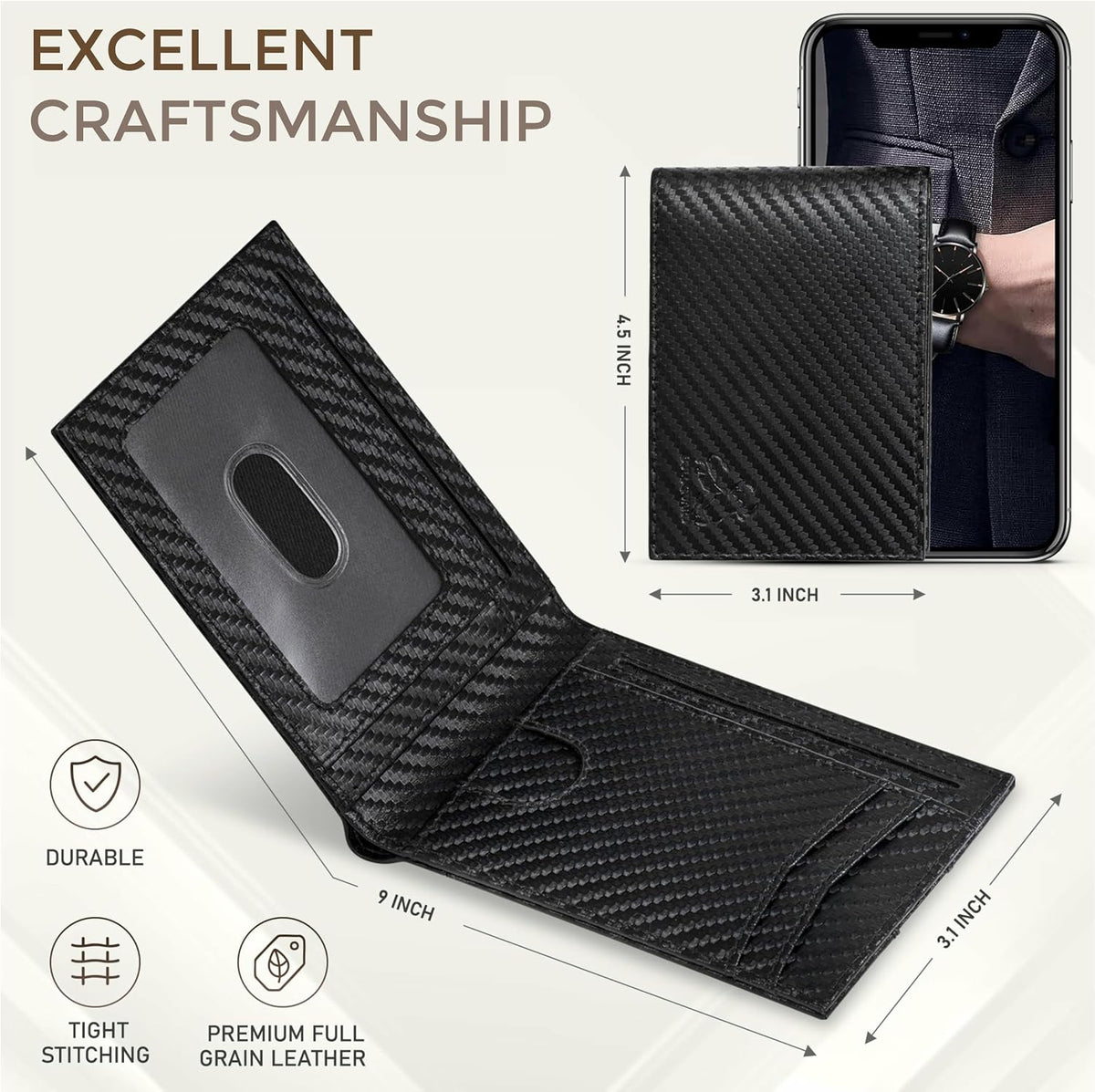 BULL GUARD Bifold Leather Wallet Slim Men's RFID Blocking Technology Premium Durable Leather & Tight Stitching, Quick Access Design with Security and Style Ideal for Work, Travel or Adventure