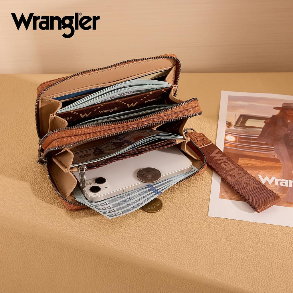 Wrangler Wristlet Wallets for Women Embossed Flower Double Zipper Clutch