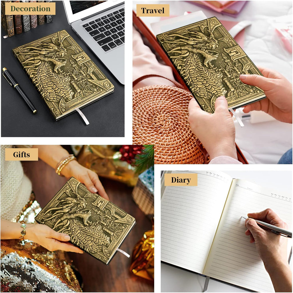DND Dungeon and Dragon Notebook 3D Embossed Leather Dragon Journal with Black Ballpoint Pen &Pen Sleeve,A5 Vintage Travel Diary D&D Writing Notebook for Hardcover Journal Women&Men (Bronze)