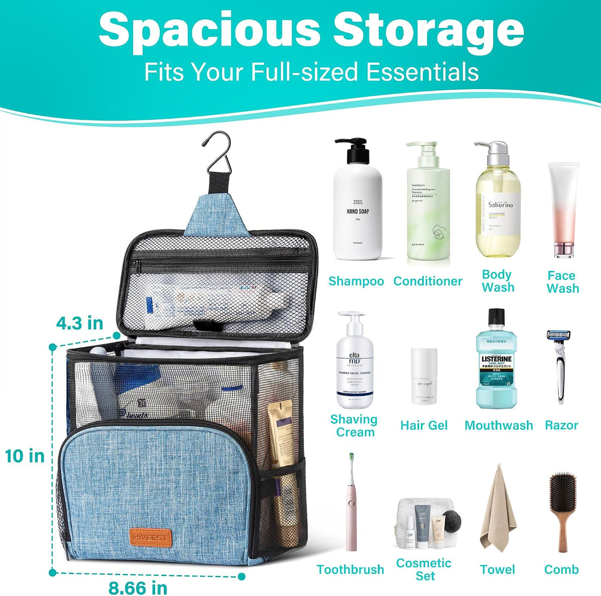 Hanging Toiletry Bag, Shower Caddy Tote Bag (Updated Version, Full Size Bottle Compatible), Bath Organizer for College Dorms, Gym, Camp, Women Men, with Funny Luggage Tag