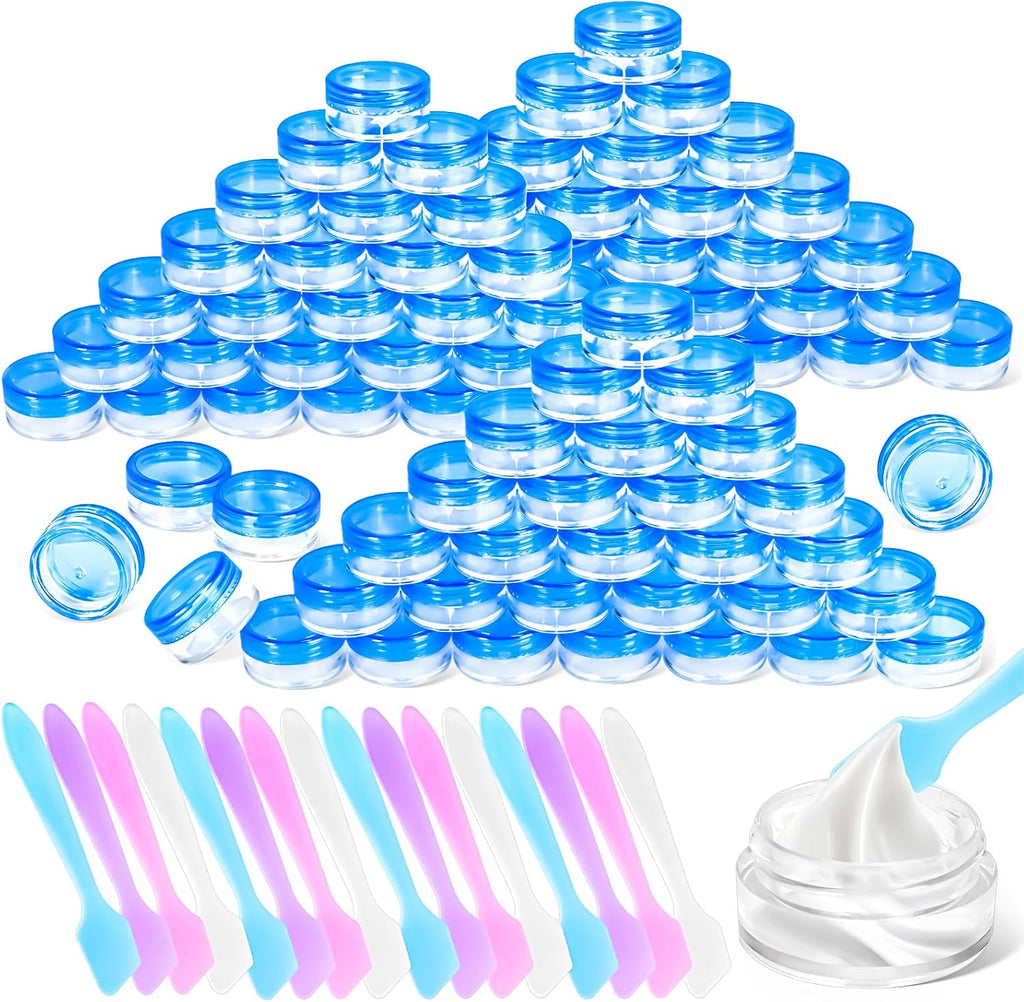 100 Pcs 5g Empty Plastic Containers with Blue Lids,Mini Makeup Sample Containers, Small Sample Pot Jars Round Cosmetic Jars with Mini Spatulas for Liquid Sample Powder Creams Lotions