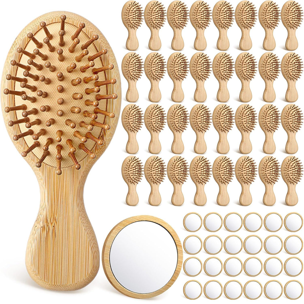 Meanplan Mini Bamboo Hair Brush Bulk with Mirror for Woman, 48 Pack, Oval