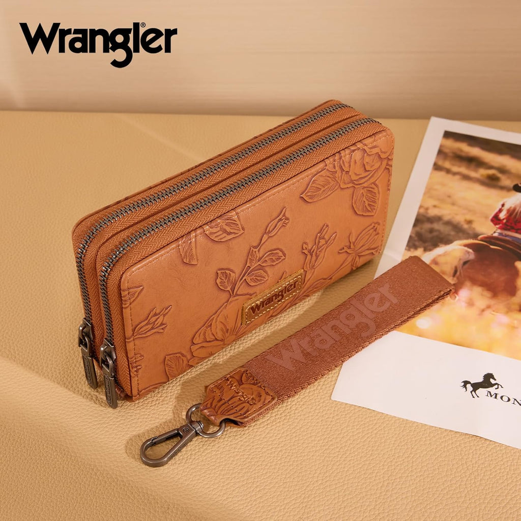 Wrangler Wristlet Wallets for Women Embossed Flower Double Zipper Clutch
