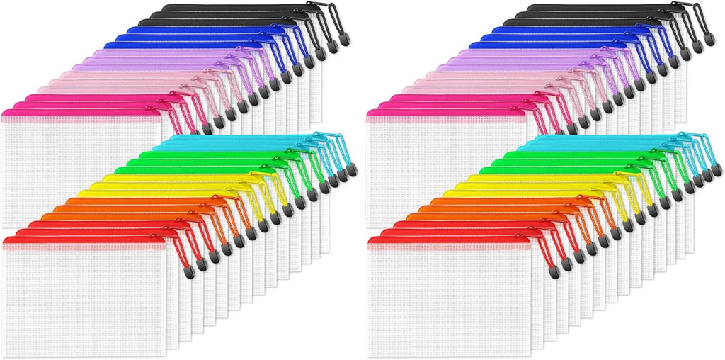 SUNEE Mesh Zipper Pouch 6.8x9.2 in (10 Colors, 60 Packs), Mesh Bags with Zipper for School Office Supplies, Puzzles & Games, Travel Accessories
