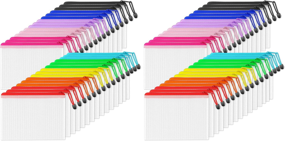 SUNEE Mesh Zipper Pouch 6.8x9.2 in (10 Colors, 60 Packs), Mesh Bags with Zipper for School Office Supplies, Puzzles & Games, Travel Accessories