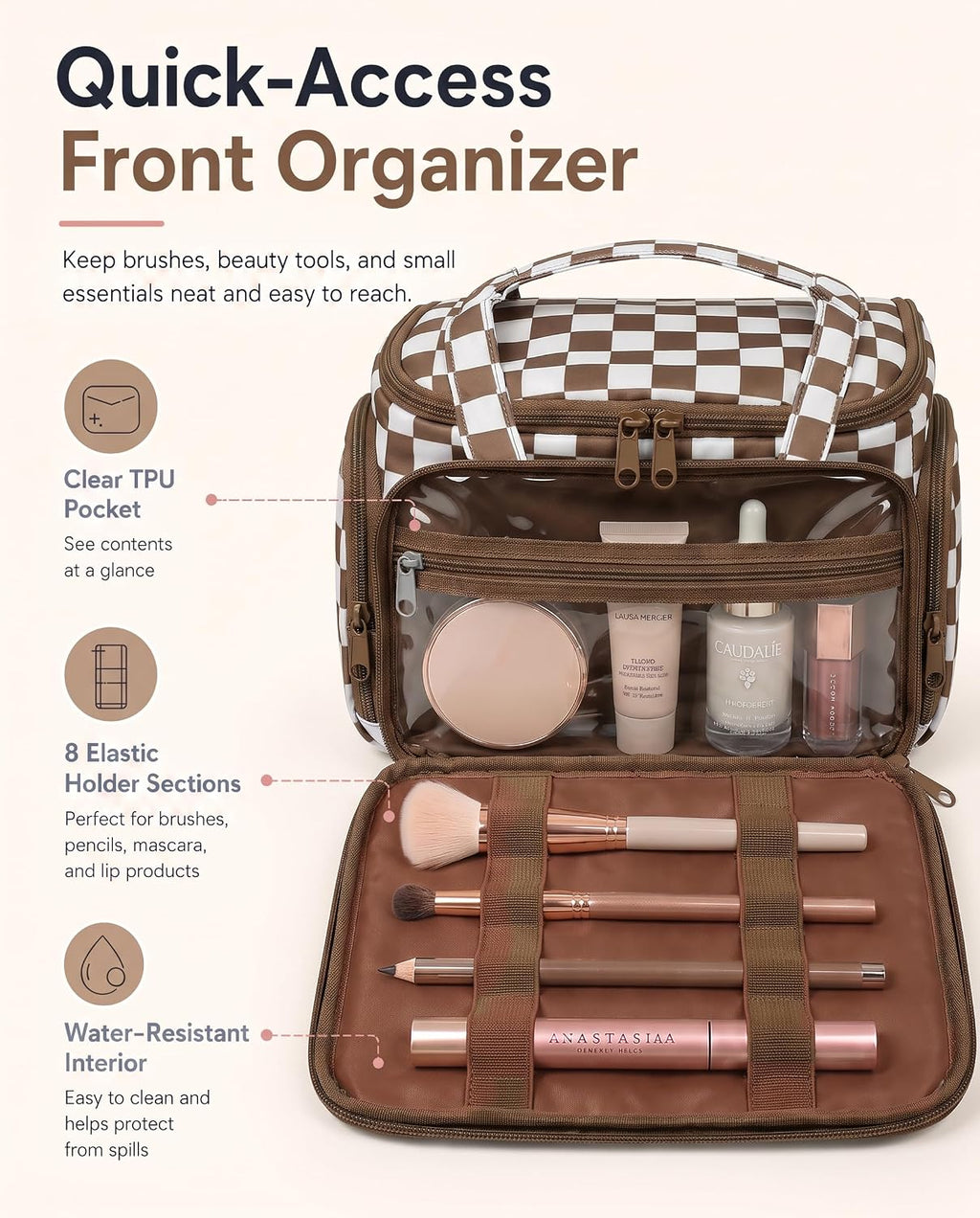 Valentoria Hanging Travel Toiletry Bag,Checkered Large Makeup Organizer Bag for Women(Checkered Coffee)