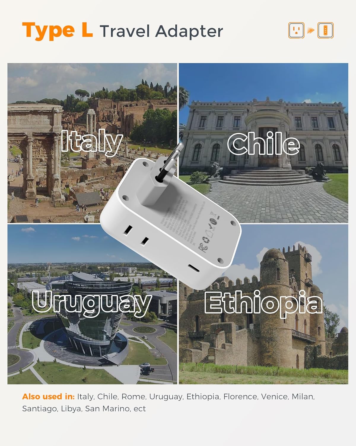TESSAN Italy Travel Plug Adapter 28W, Italy Power Adapter, 2 Packs