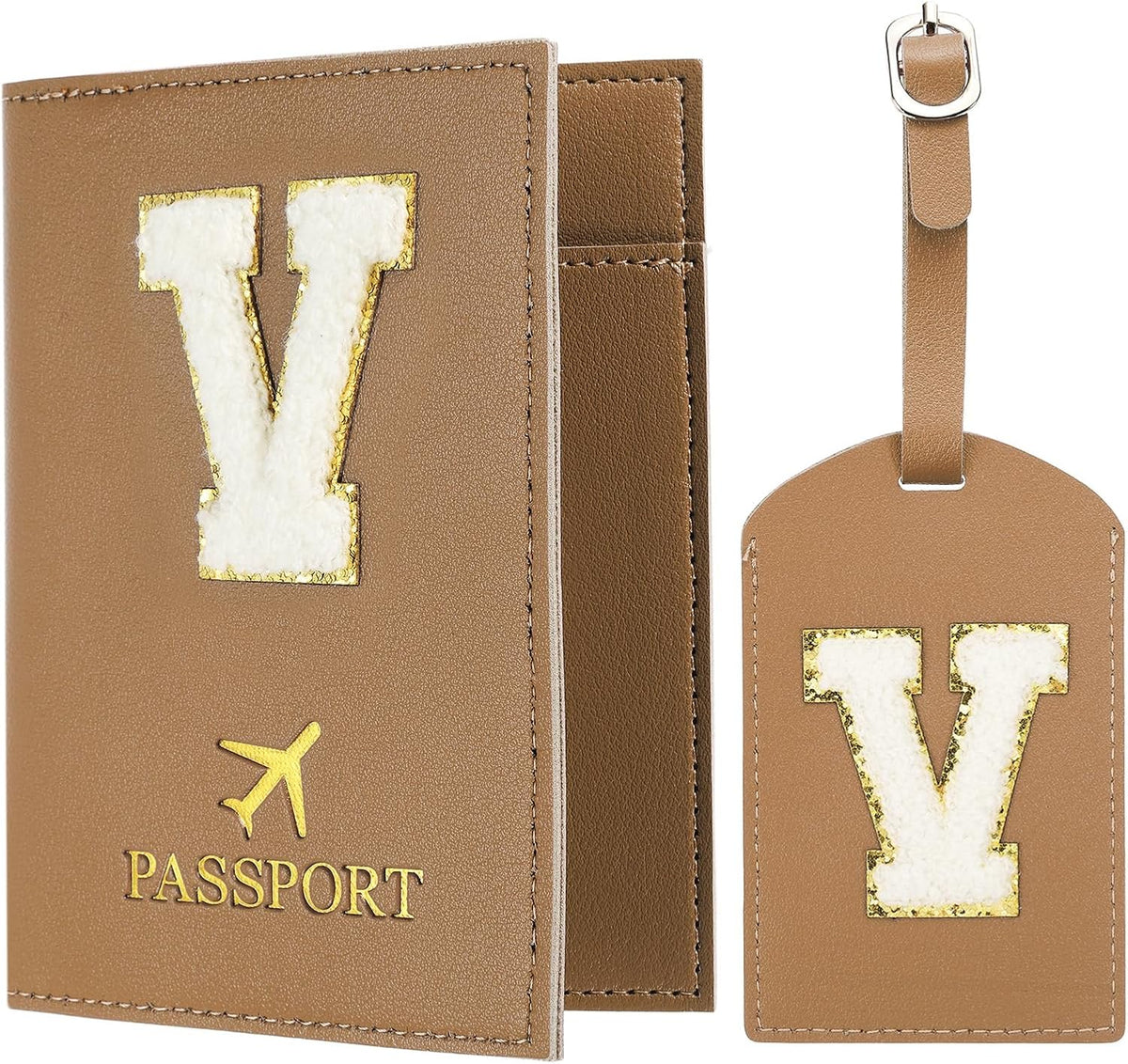 PATIKIL Passport Holder for Travel, Initial Passport Cover and Luggage Tag Set with Alphabet Chenille Letter Patch Travel Wallet Bag Suitcase Identifier for Women Family Travel Brown V