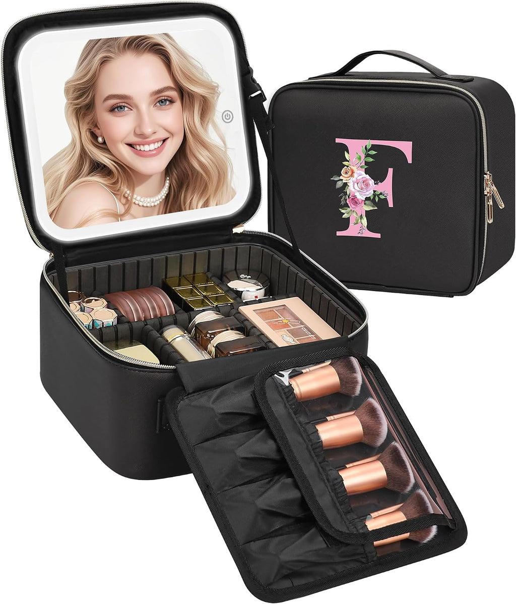 Relavel Initial Makeup Bag with LED Mirror for Women Girls, Personalized Travel Cosmetic Organizer Train Case, Birthday Gifts for Grandkids Bridesmaid Graduation Teacher Friends, Trendy Stuff, Black F