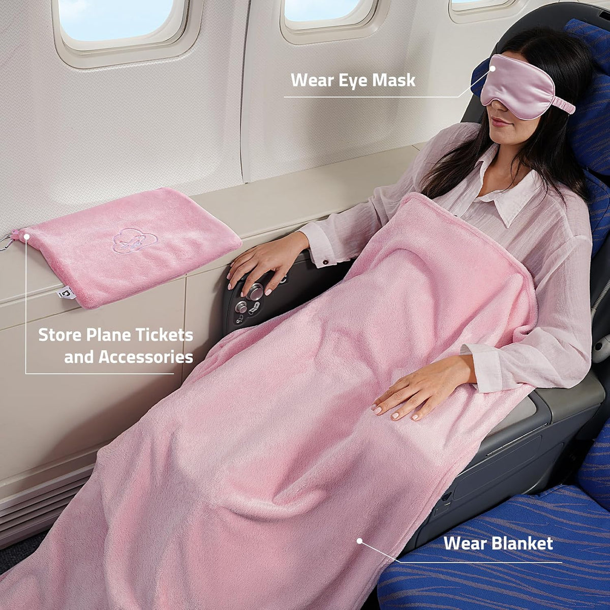 Travel Blanket Pillow,Airplane Blanket Compact with Bag Eye Mask, Ultra-Soft,Warm & Lightweight Included,Travel Essentials for Women & Men, Luggage Sleeve & Backpack Clip 65x40 in, Pink