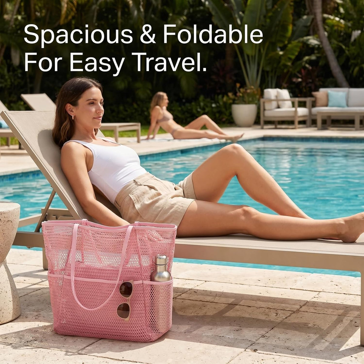 5-Pocket Foldable Mesh Beach Tote for Women, Water-Resistant Sand-Proof Travel Pool Vacation Carryall