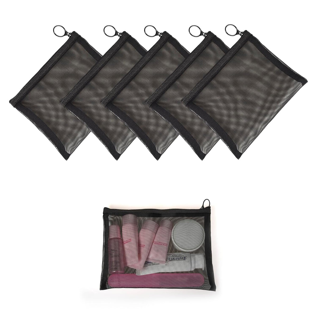 Patu Zipper Mesh Bags, Size L / A5, 5 Pieces, Beauty Makeup Cosmetic Accessories Organizer, Travel Toiletry Kit Set Storage Pouch, Black