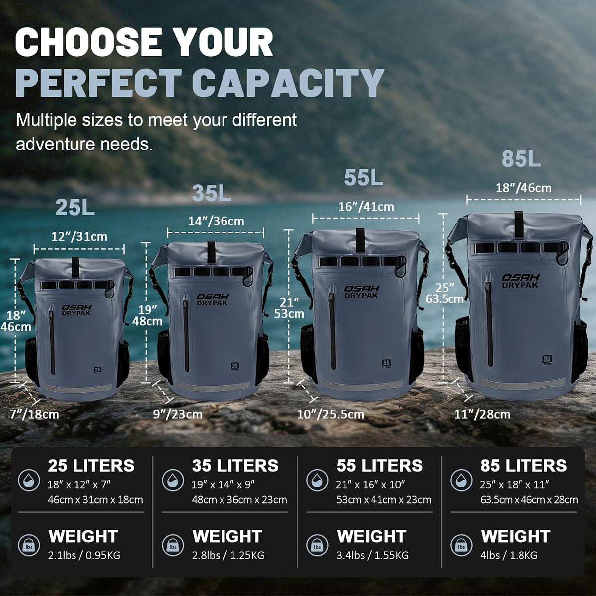 Waterproof Dry Bag Backpack 25L/35L/55L/85L, Roll-Top Heavy Duty Rucksack