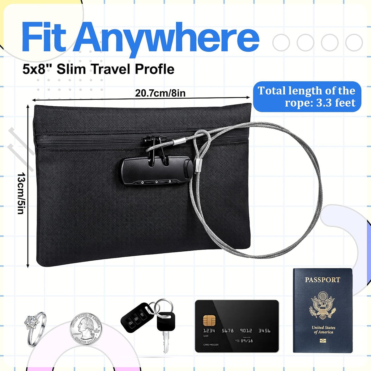 Beach Money Bag with Lock and Steel Cable, Portable Security Notary Bag with Lock, Anti-Theft Travel Money Organizer for Mobile Phone Cash Key Document Jewelry, Suitable for Poolside Vacation Use