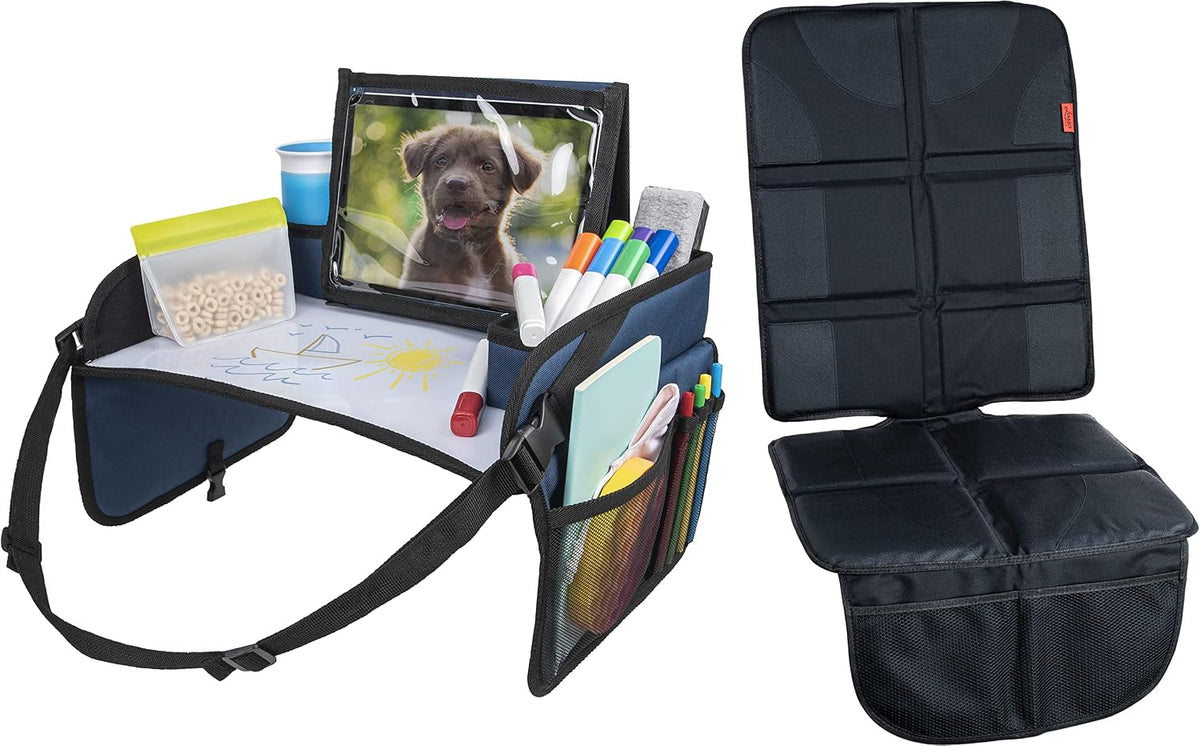 Lusso Gear Kids Travel Tray with Dry Erase Board (Blue) + Car Seat Protector (Black), Road Trip Essentials Kids, No-Drop Tablet Holder, Lap Desk, Cup Holder, Toddler Toy Storage, Fits Airplane…