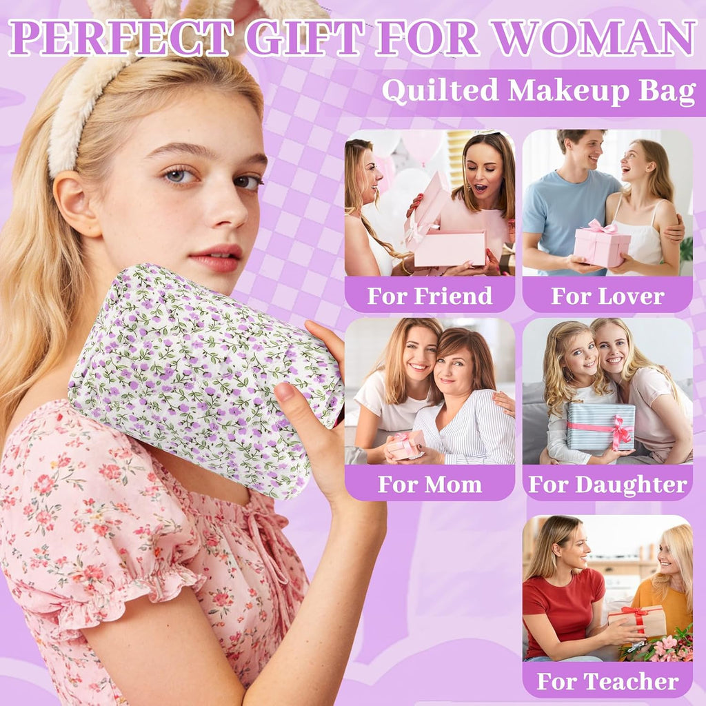 URSKYTOUS Quilted Makeup Bag Floral Large Cosmetic Bag Cotton Puffy Makeup Organizer Coquette Cute Travel Makeup Pouch Kawaii Aesthetic Portable Toiletry Storage Bag for Women Girls (Purple)