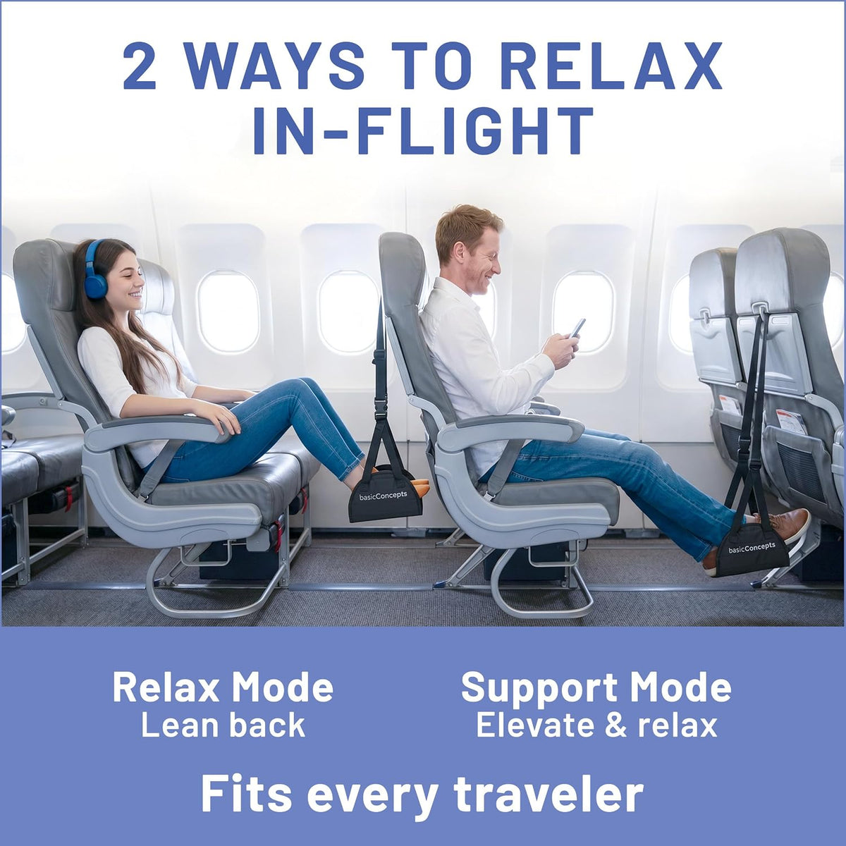 BASIC CONCEPTS Airplane Foot Hammock for Plane Travel Essentials - Airplane Travel Essentials, Long Flight Foot Rest - Plane Gadgets