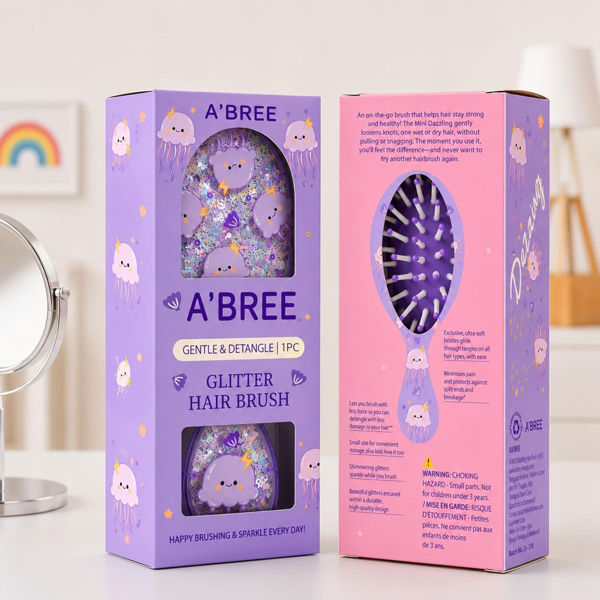 A'BREE Mini Glitter Detangling Hair Brush for Kids Girls Women – Gentle Wet and Dry Hairbrush, Travel Sized Tangle Free Knot Tamer for Toddler, Adorable Character Glitter Design (Royal Purple)