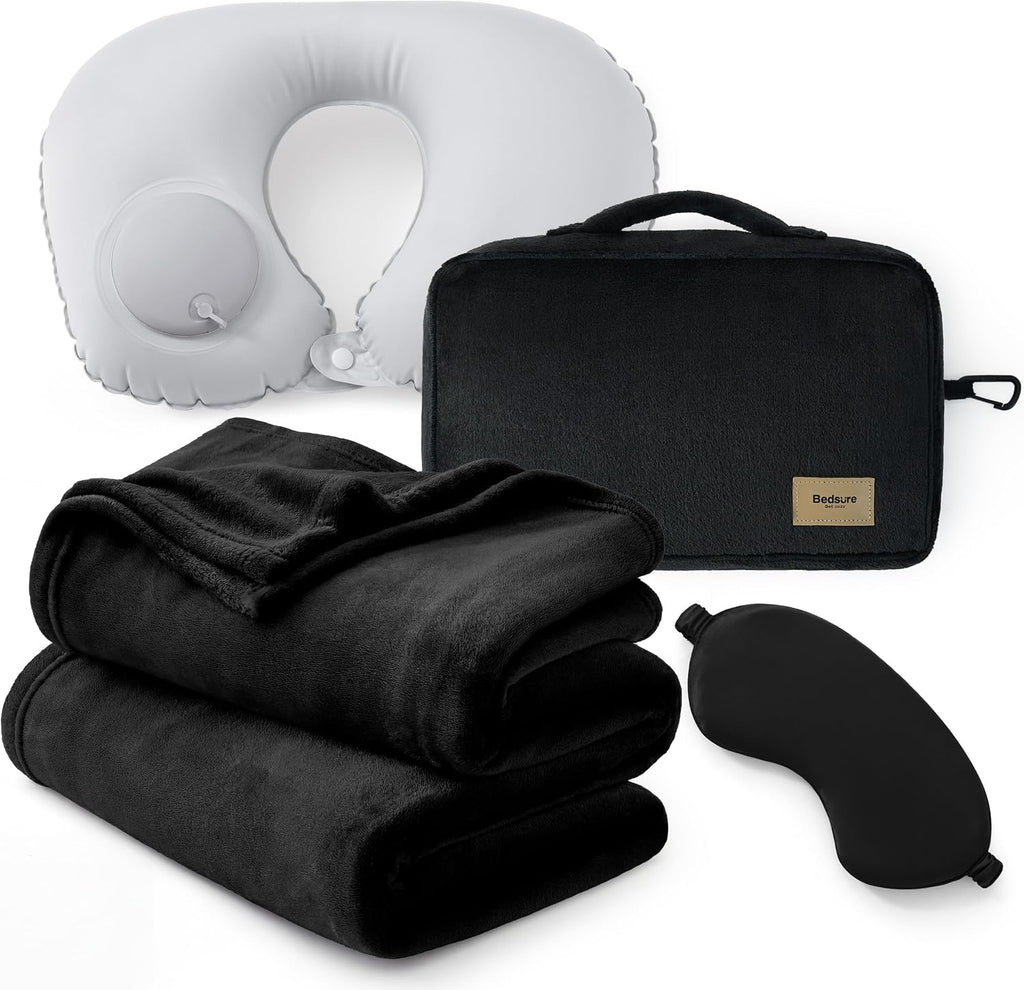 Bedsure Travel Blanket Set with Inflatable Neck Pillow and Eye Mask, Black
