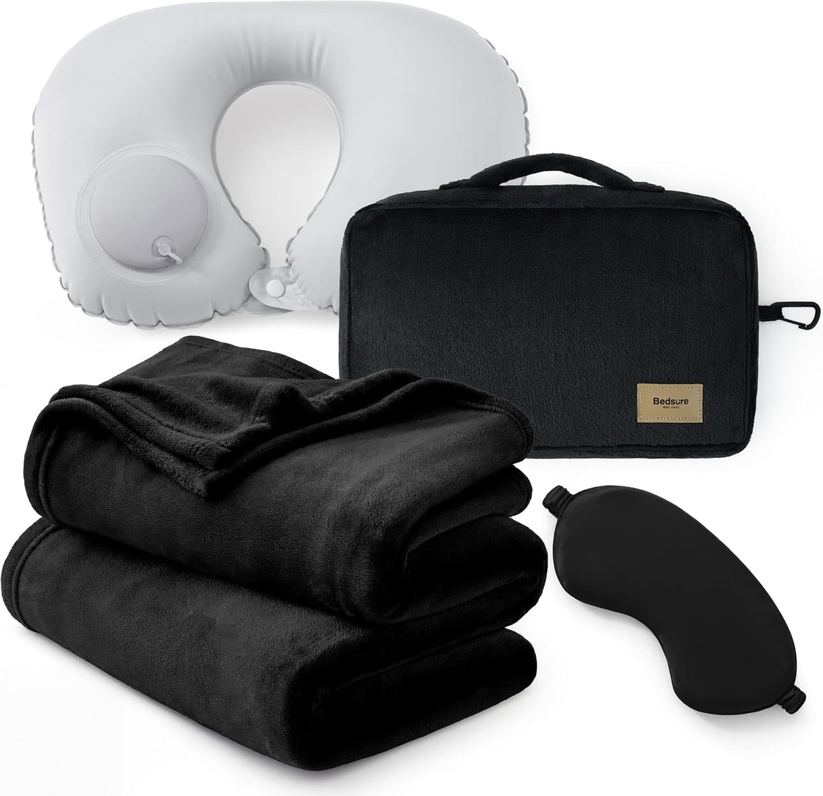Bedsure Travel Blanket Set with Inflatable Neck Pillow and Eye Mask, Black