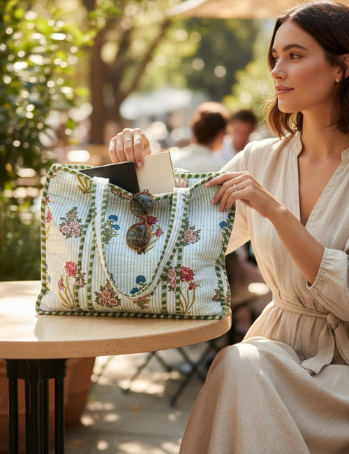 100% Cotton Quilted Tote Bag For Women, 18x16 Large Beach Bag With Zipper