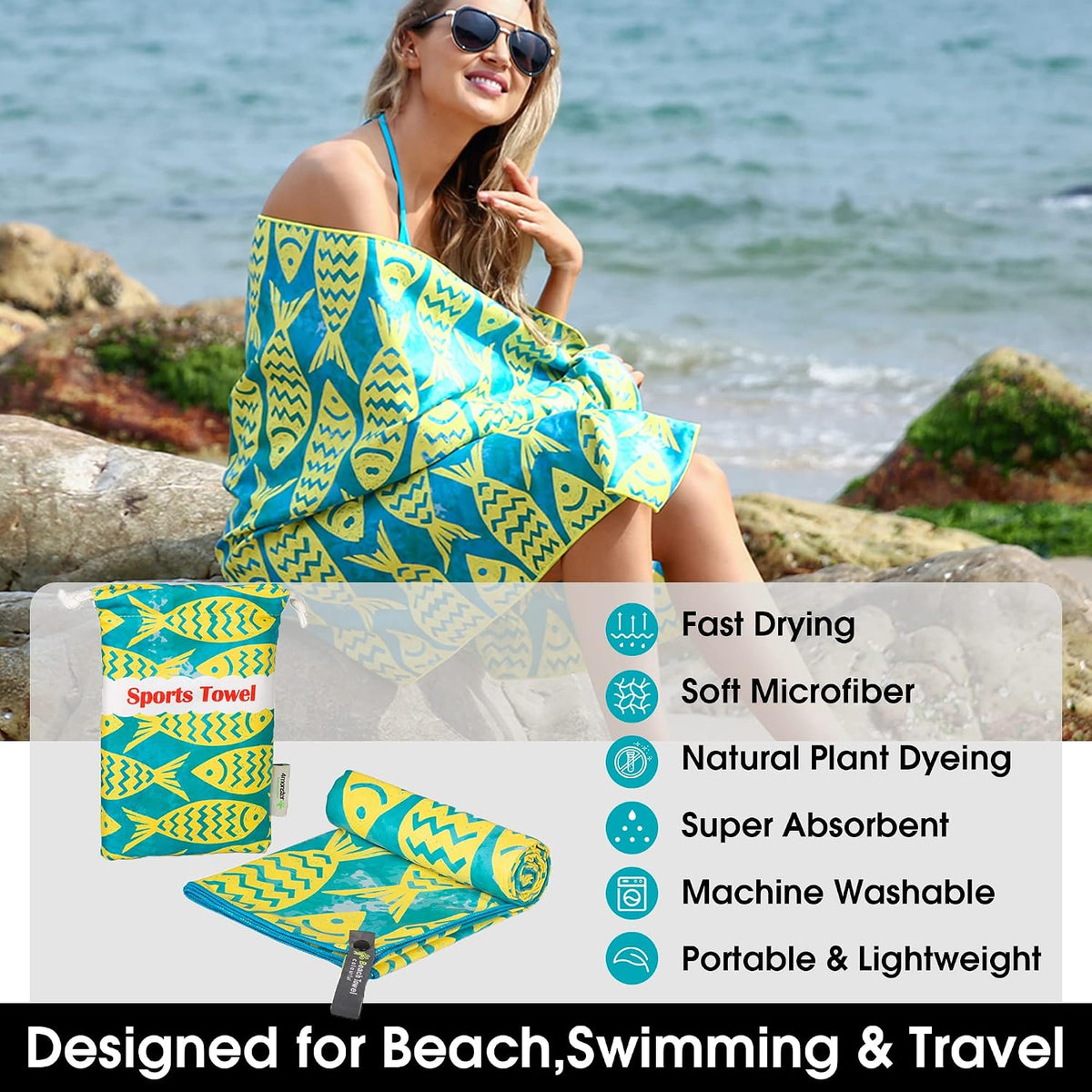 4Monster Quick Dry Beach Towel, Ultra Absorbent Microfiber Travel Towel, Lightweight & Compact for Beach, Swimming, Camping, Pool, Water Sports & Yoga