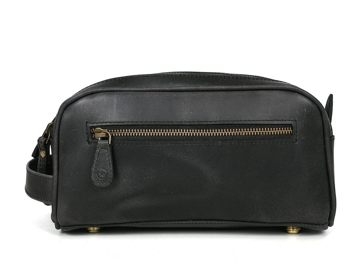 10" Premium Leather Toiletry Travel Pouch With Waterproof Lining Black Color | King-Size Handcrafted Vintage Shaving Kit By Aaron Leather Goods (Florida Black)