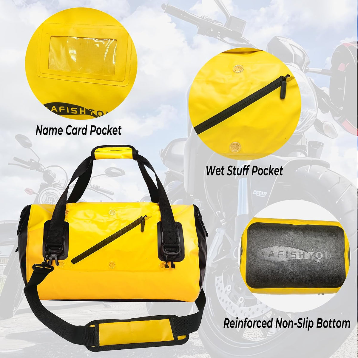 40L Waterproof Motorcycle Duffel Bag - Motorcycle Luggage Tail Bag with Straps for Back Seat - Roll Top Dry Bag for Kayaking, Rafting, Boating, Camping, Travel, Beach (Yellow)