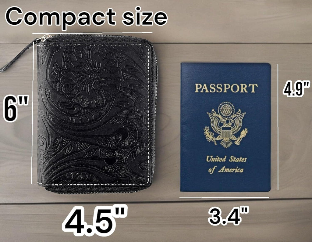 Passport Wallet - Travel Document Holder w/RFID Blocking – Full Grain Leather – Bifold compact zip around Wallet with Credit Card Slots for Women and Men, black floral,500-40