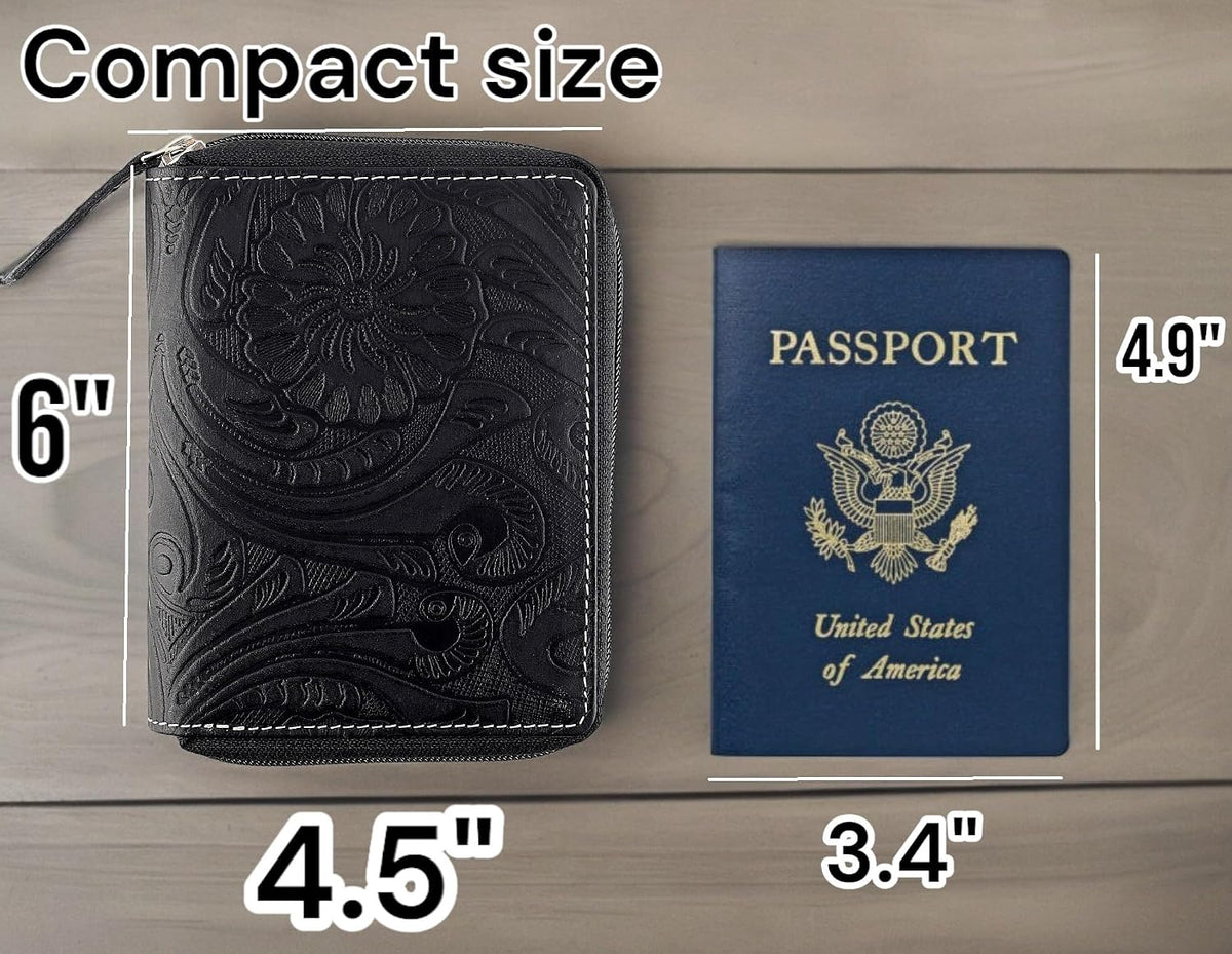 Passport Wallet - Travel Document Holder w/RFID Blocking – Full Grain Leather – Bifold compact zip around Wallet with Credit Card Slots for Women and Men, black floral,500-40